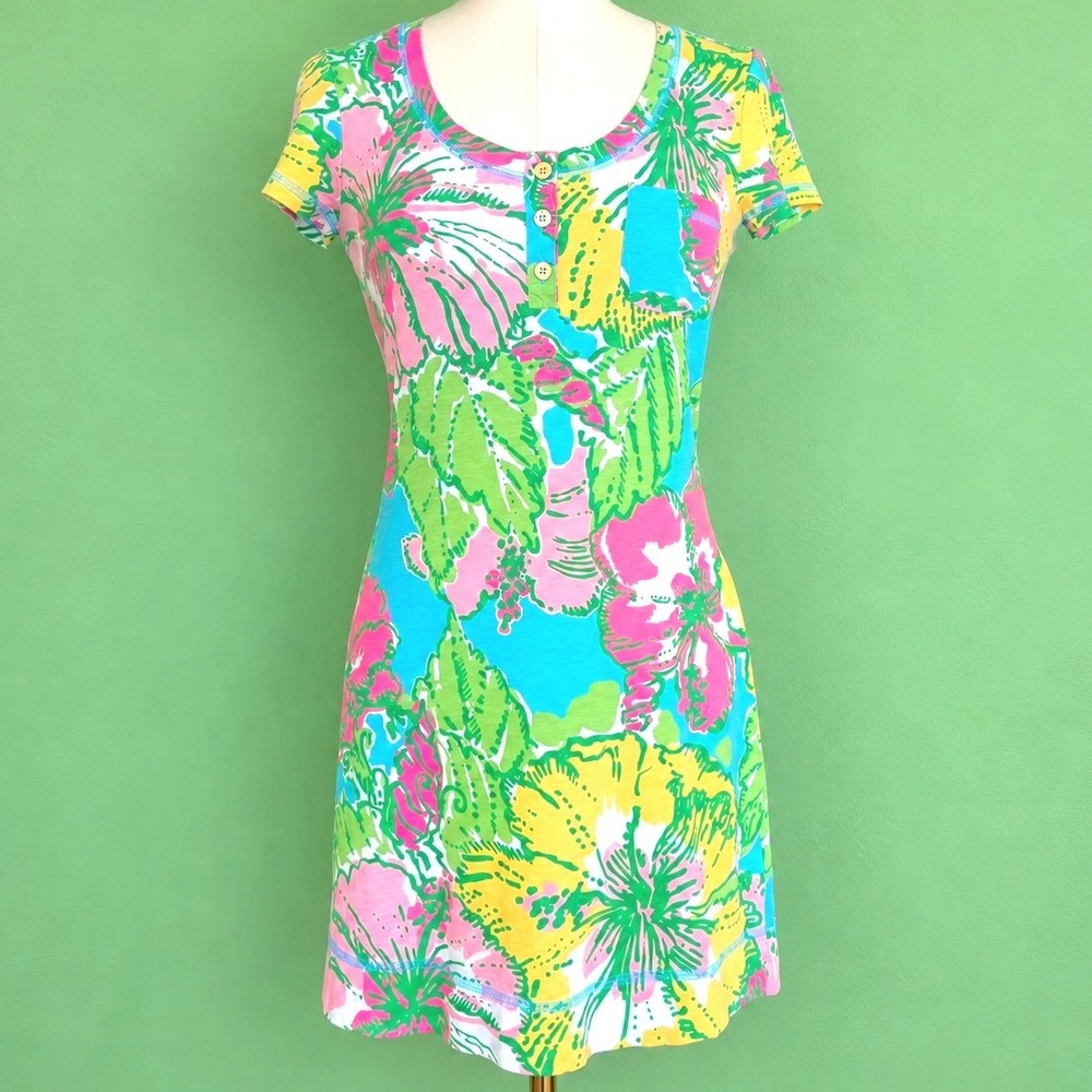 Lilly Pulitzer T-Shirt Dress Womens Small Blue Floral Excellent Henley Pima